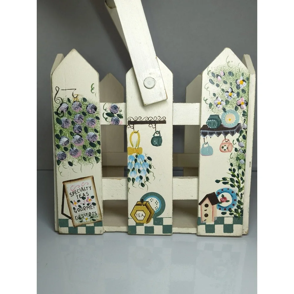 Hand Painted Wooden Picket Fence Basket W Handle Tea Time Cafe ~Storage, Display